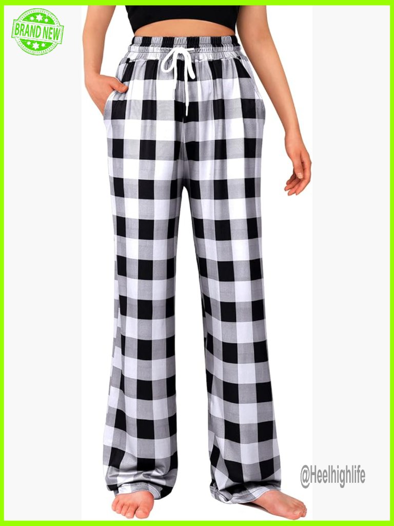 Womens Plaid Pajama Pants Stretch Lounge Sleep Bottoms With Pockets